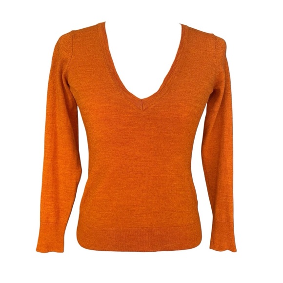 The Limited Size XS Burnt Orange Merino Wool Blend Deep V-Neck Fitted Sweater - Picture 1 of 8
